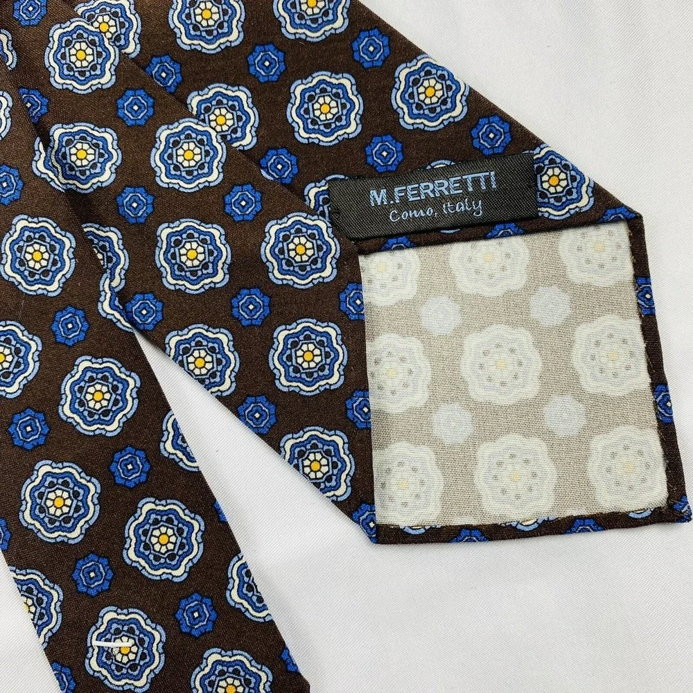 M.Ferretti Brown Blue Patterned Lightweight Pure Silk Tie 3 Inch Width NWT